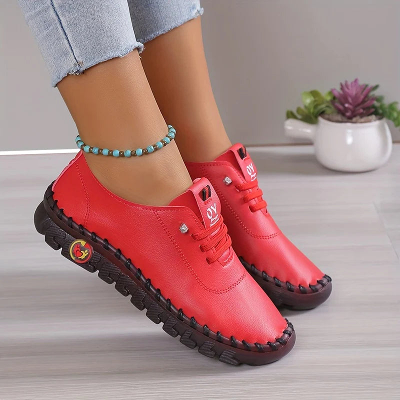 Women's Solid Color Flat Shoes, Leather Walking Sneakers